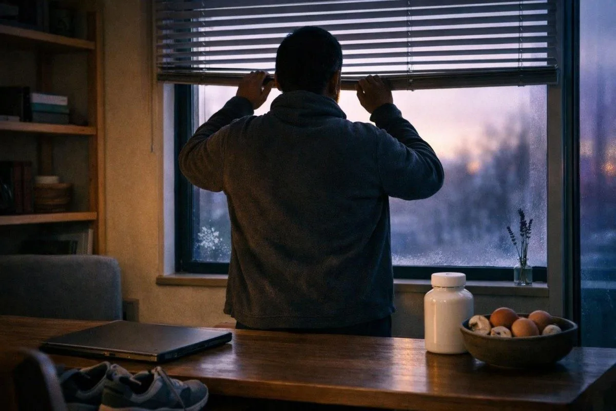 Sisetöötaja talveakna juures koos toidulisandite ja kaetud riietusega