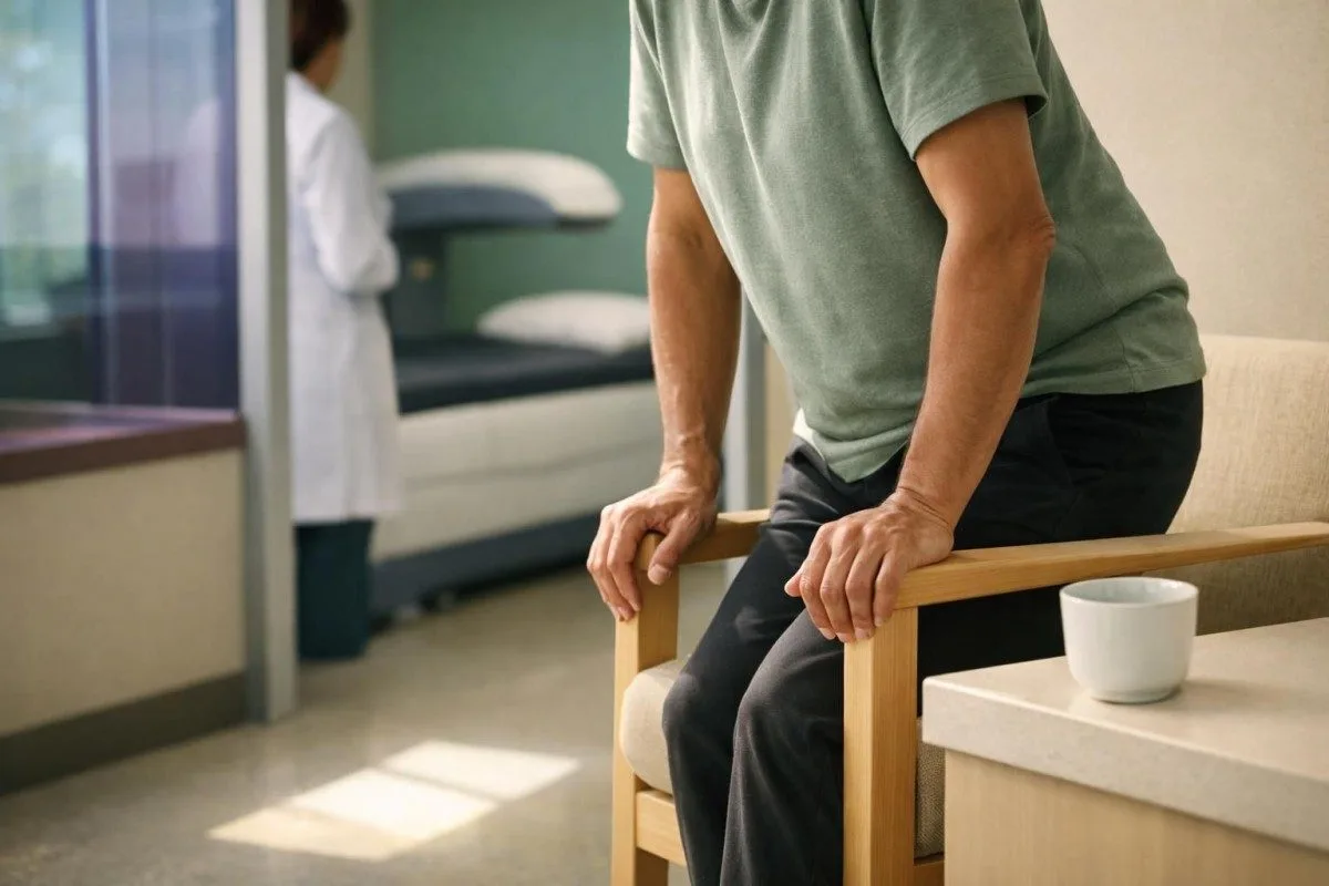 Patsient kasutab mõlemaid käsi, et tõusta toolilt kliinilises keskkonnas