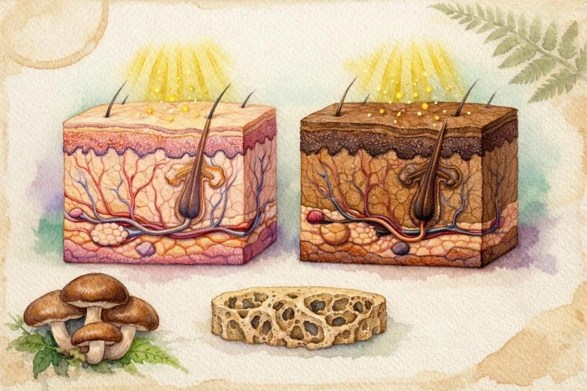 Akvarellstiilis meditsiiniline illustratsioon naha kihtidest ja luust koos D-vitamiini riski vihjetega
