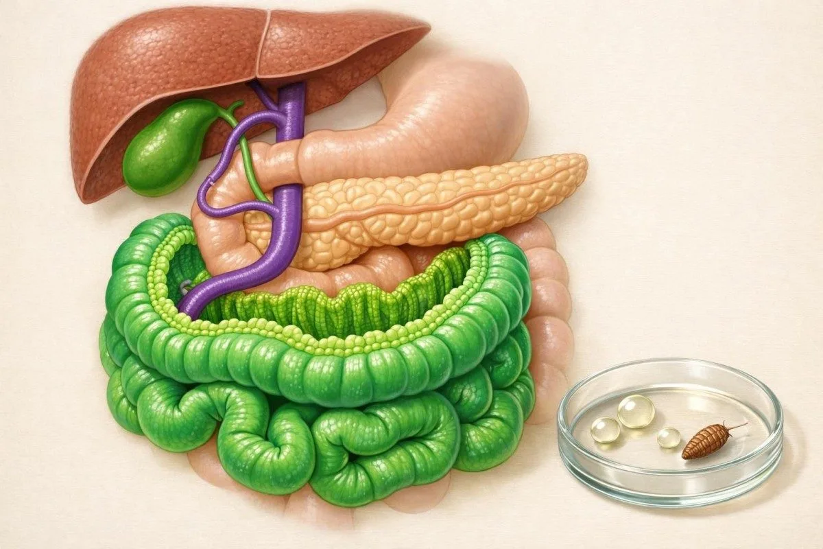 Väikese soolestiku, kõhunäärme, sapijuha ja maksa ristlõige D-vitamiini imendumiseks