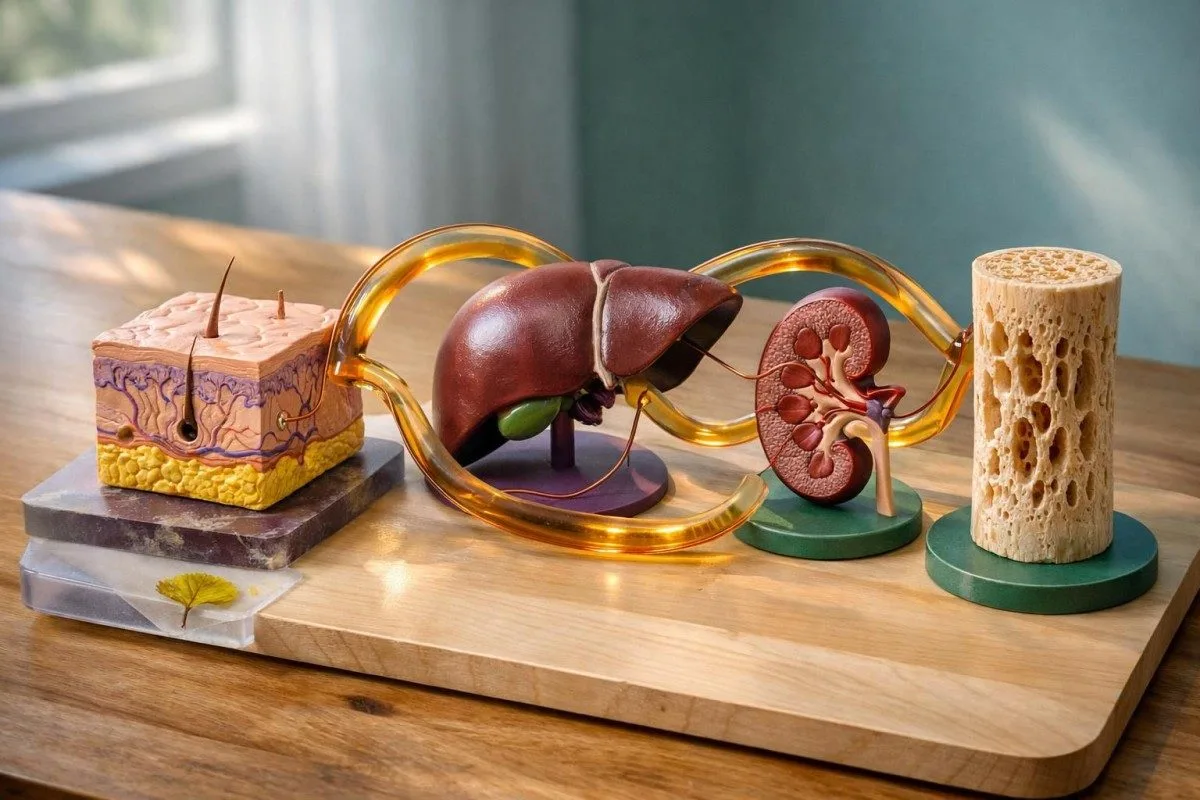 Füüsikaline D-vitamiini teekonna mudel, mis seob naha, maksa, neeru ja luu