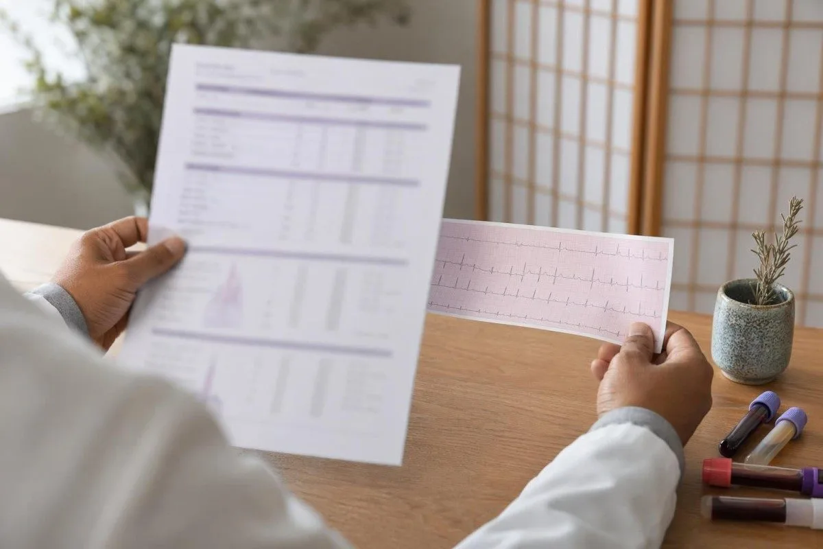 Blood test for irregular heartbeat shown beside ECG tracing and electrolyte lab tubes