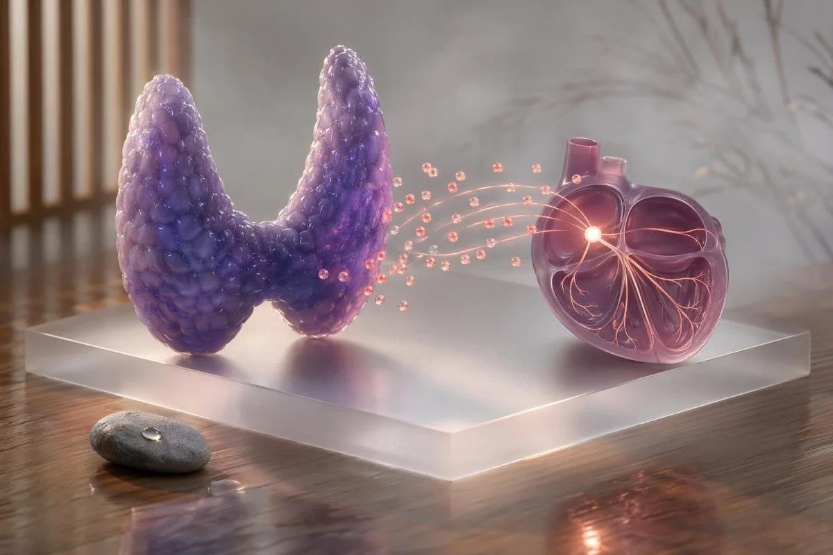 Blood test for irregular heartbeat showing thyroid hormone signals near a heart model