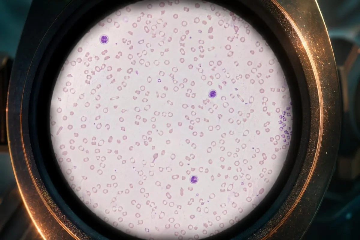 ژور مایکرو سایټیک (microcytic) حجروي بدلونونه ښيي—د وروڼو/خویندو د وینې ازموینې لپاره عاجل تعقیب