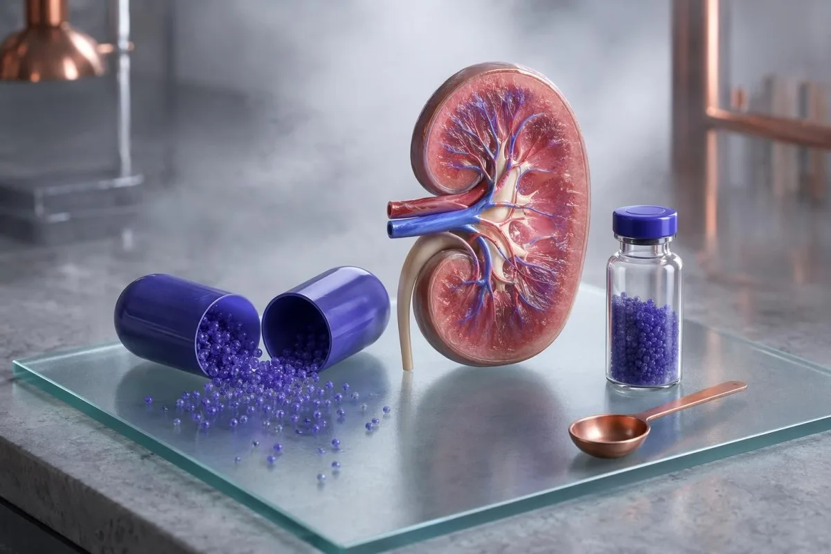 Magnesium supplement dosage visual with kidney cross-section, capsule and lab sample
