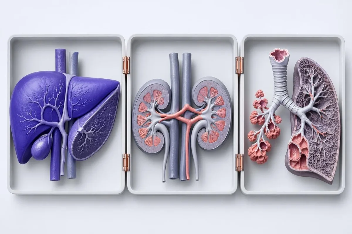 NACの安全性のための、肝臓・腎臓・肺の各システムの解剖学的な文脈