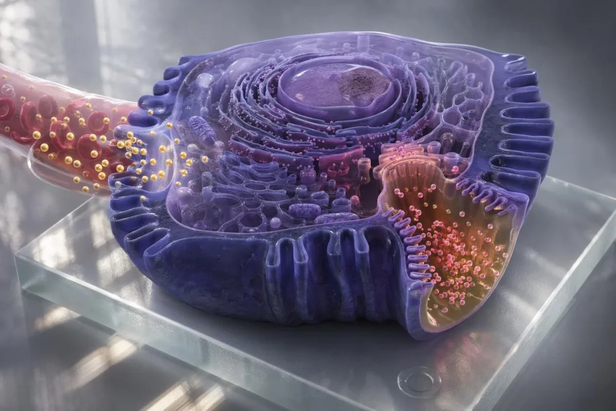 显示直接与间接胆红素通路的 3D 肝细胞模型