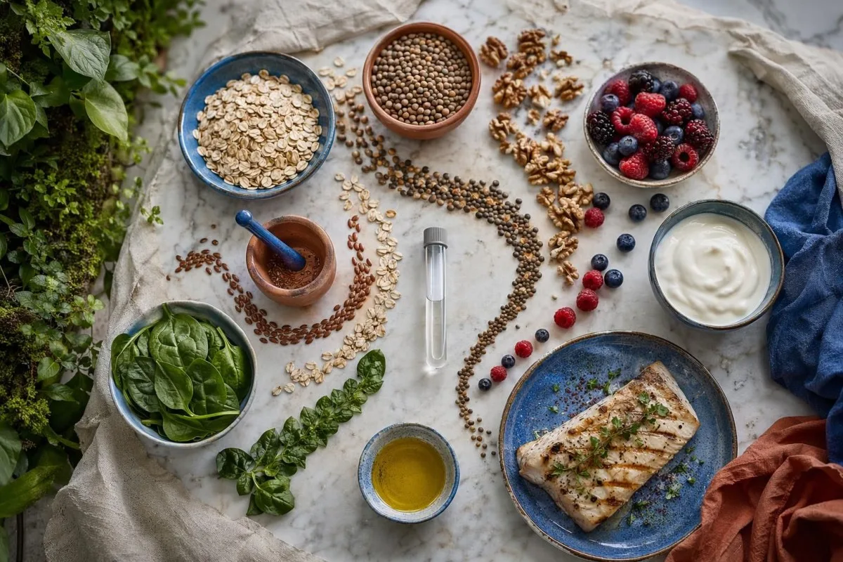 د مخنیوي د وینې ازموینې چمتووالی—لاهم ژوند (still life) د روژه-خوندي اوبو او د لابراتوار ټیوبونو سره