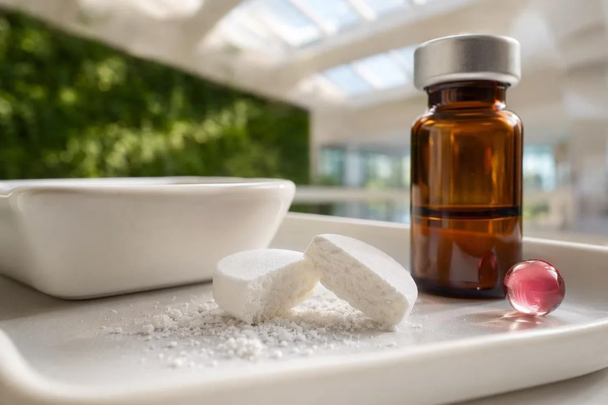 مكملات لنقص B12 معروضة بجانب مواد اختبار المختبر وشاشة مراجعة سريرية