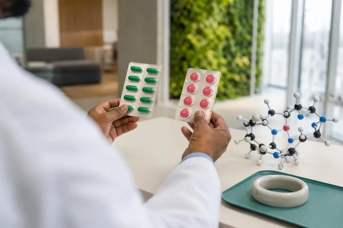 مكملات لنقص B12 على شكل ميثيل كوبالامين وسيانوكوبالامين معروضة كنماذج جزيئية
