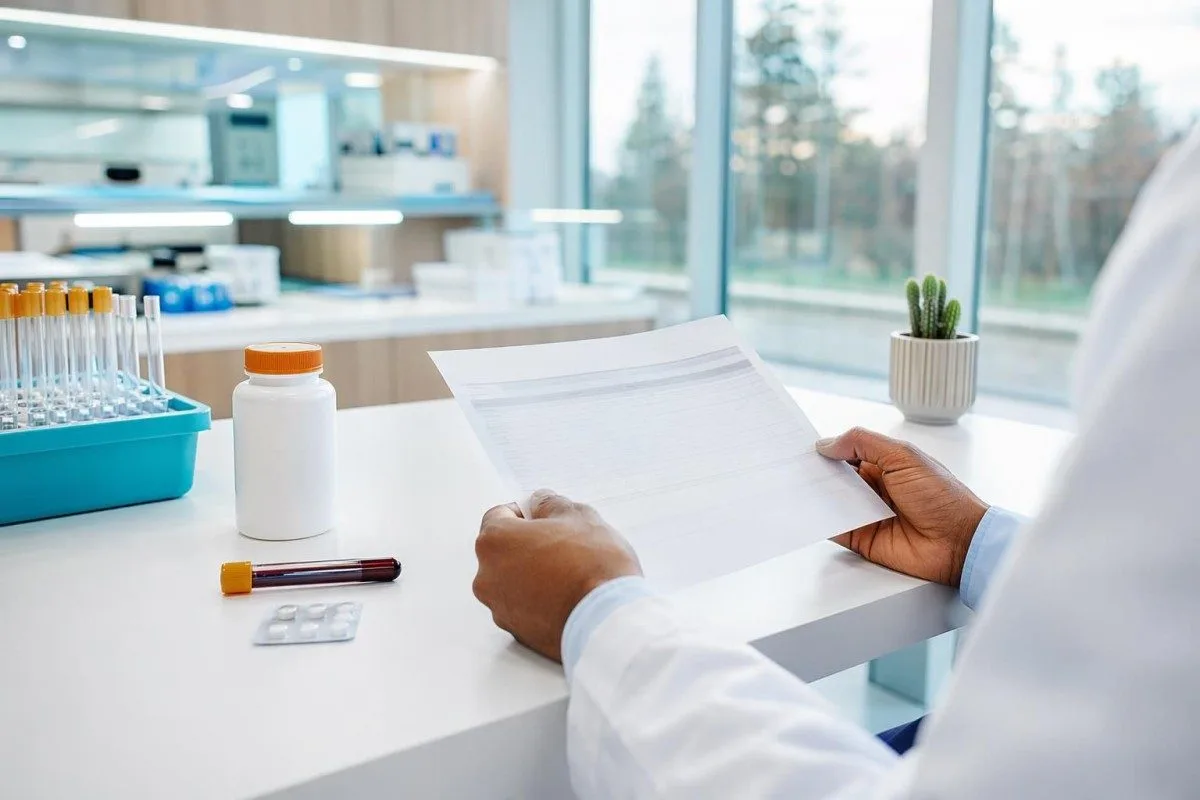 bilan sanguin d’une maladie thyroïdienne : scène avec un supplément de biotine et des documents de revue du laboratoire thyroïdien