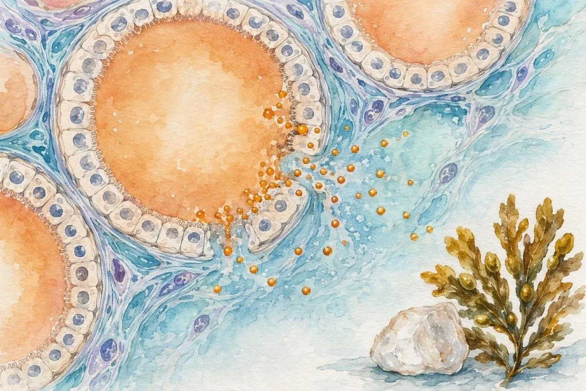 bilan sanguin d’une maladie thyroïdienne en aquarelle : follicule thyroïdien montrant la libération de l’hormone T4 libre