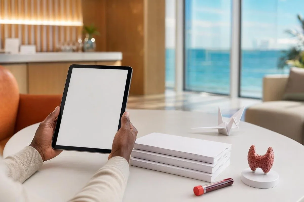 bilan sanguin d’une maladie thyroïdienne : parcours patient examinant des résultats thyroïdiens répétés sur une tablette