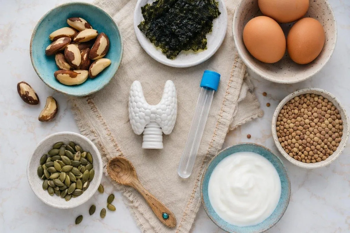 bilan sanguin d’une maladie thyroïdienne : scène nutritionnelle avec des aliments riches en iode et en sélénium à côté des documents de laboratoire