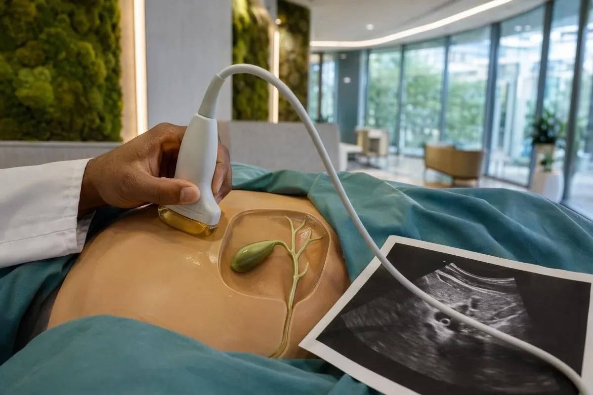 uzroci bledih stolica usled kamena u žučnoj kesi koji blokira žučni vod u anatomskom prikazu