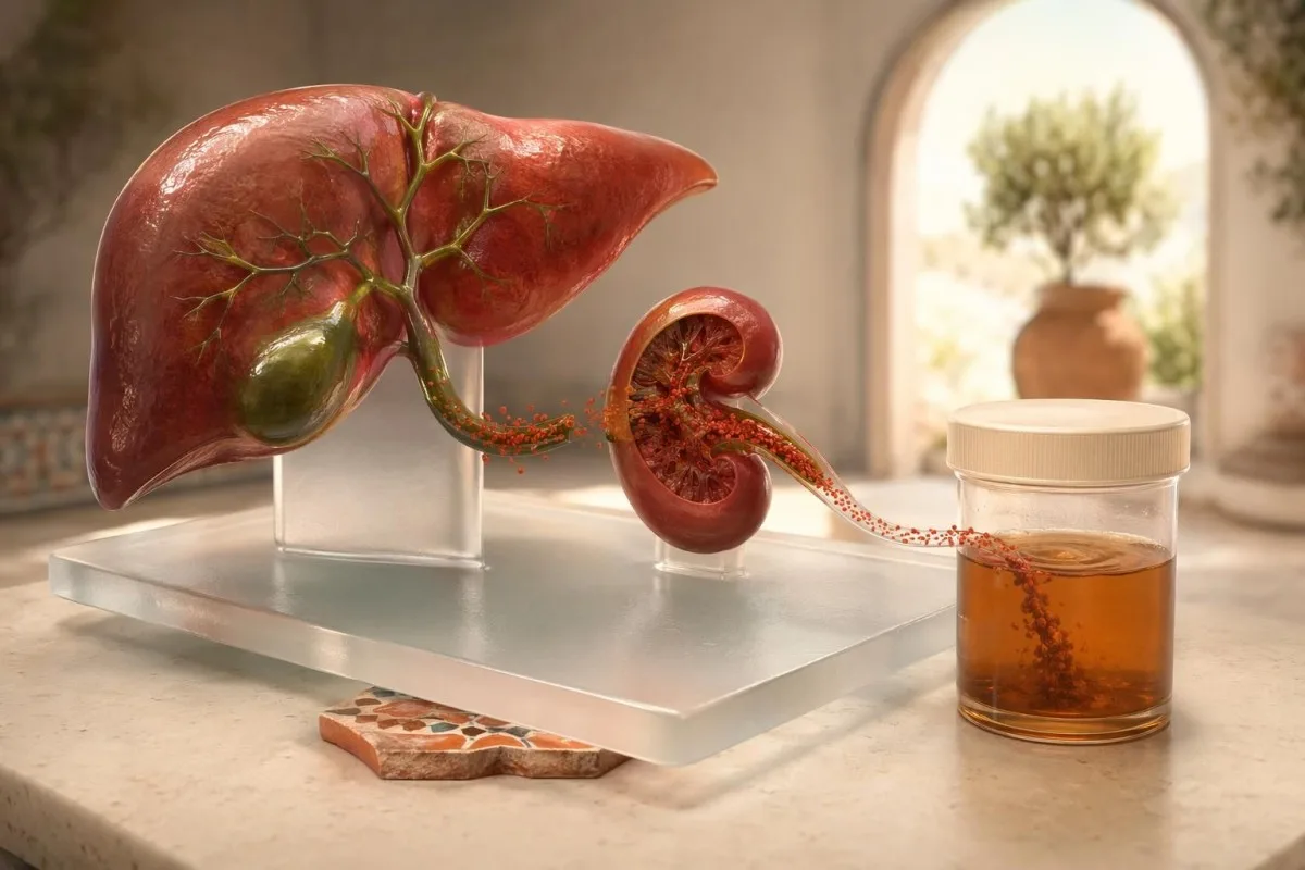 Tabella del colore delle urine con urine color tè accanto a modelli didattici di fegato e reni