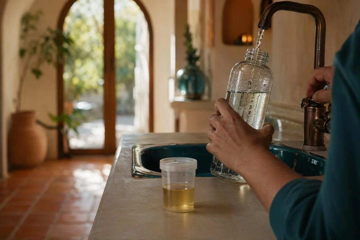 Tabella del colore delle urine che mostra urine chiare accanto a un bicchiere d’acqua e a un bancone neutro della clinica