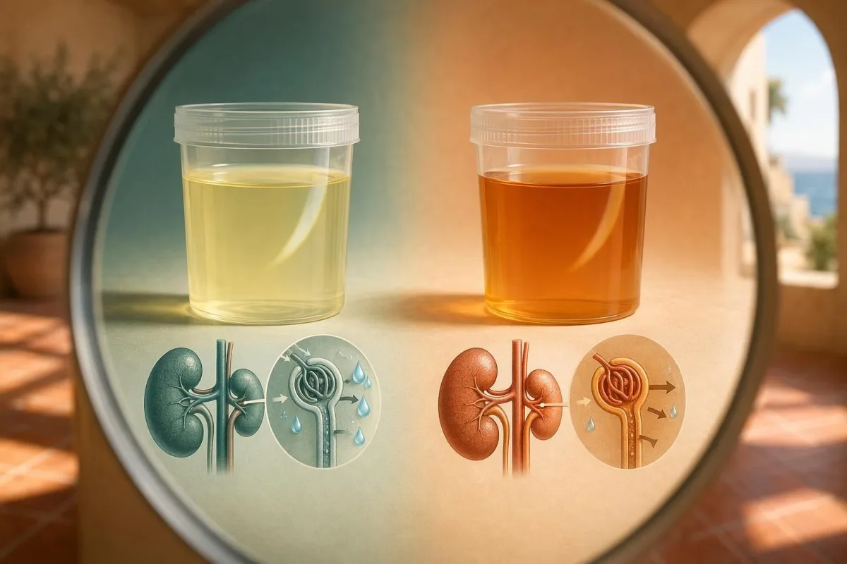 Tabella del colore delle urine che confronta urine ambrate con indizi di idratazione e interpretazione esami del sangue relativi ai reni