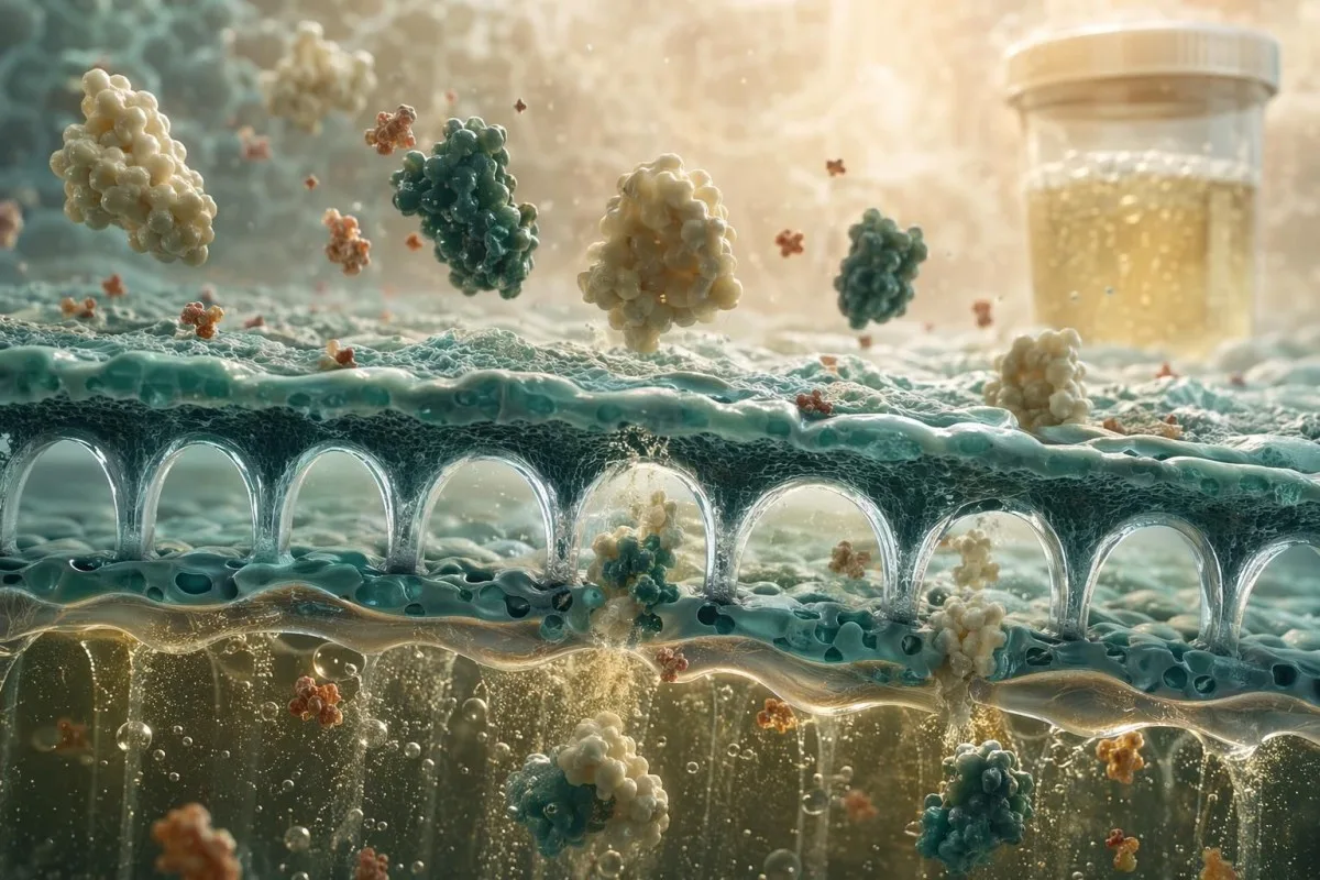 Tabella del colore delle urine che mostra urine schiumose con illustrazione della barriera di filtrazione renale