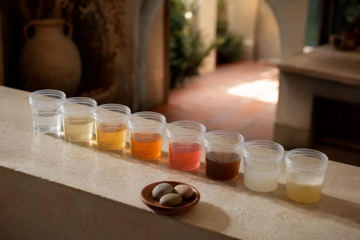 Tabella del colore delle urine con provette/campioni che mostrano sfumature chiare, gialle, ambrate, rosse e marroni