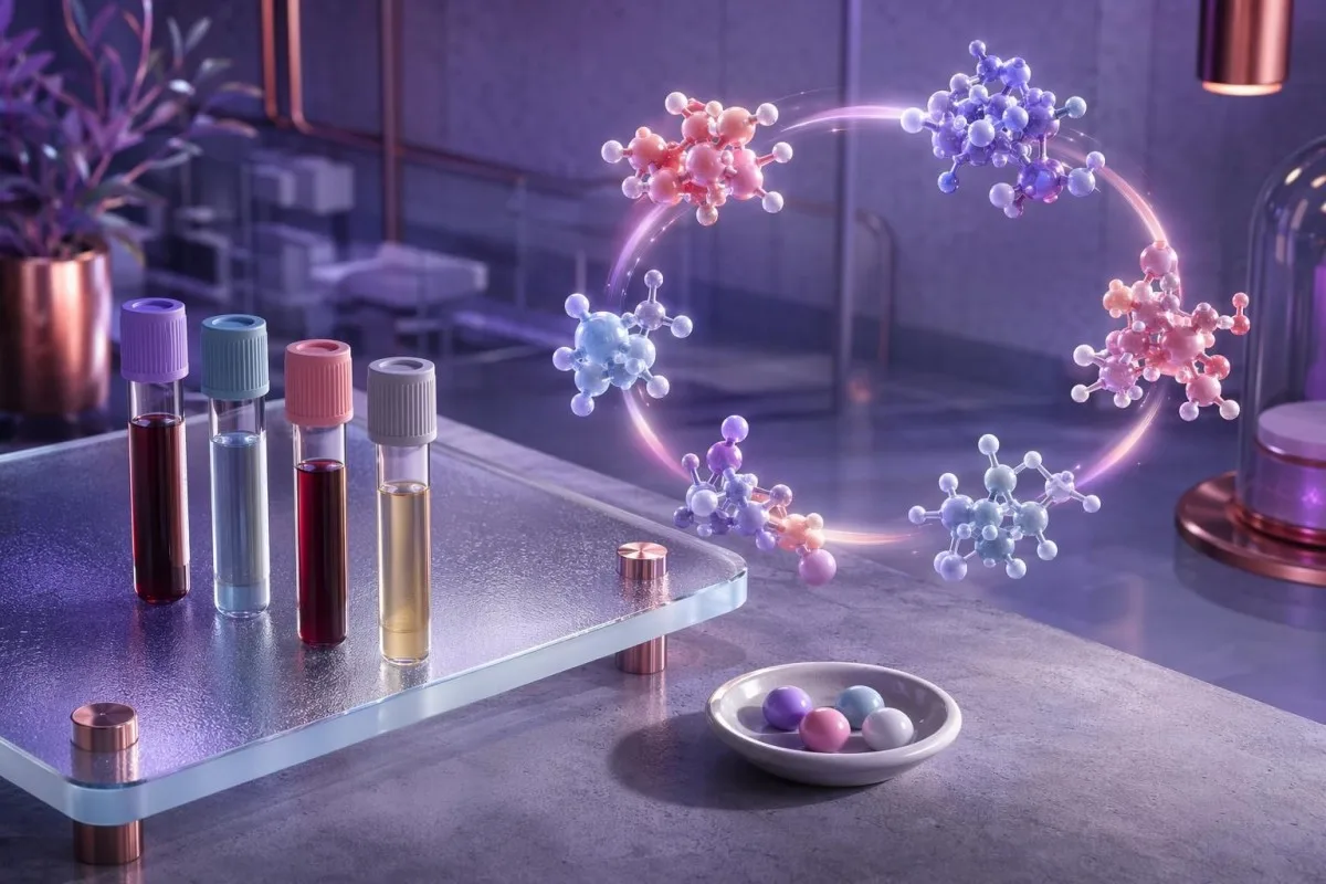 blodprøve for PMS vist som hormon- og næringsstofbiomarkører i en 3D medicinsk laboratoriescene