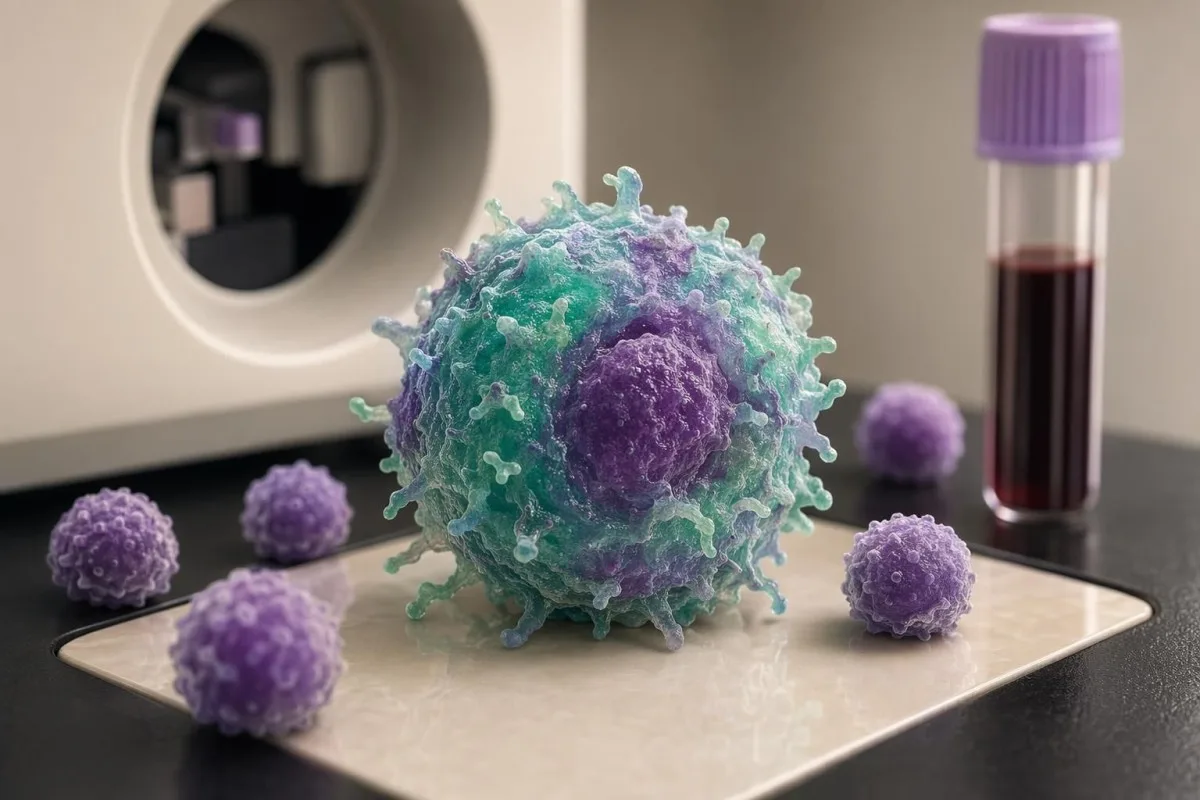 CBCko laborategiko ekipoen ondoan zelula immune aktibatu gisa agertzen diren linfocito erreaktiboak