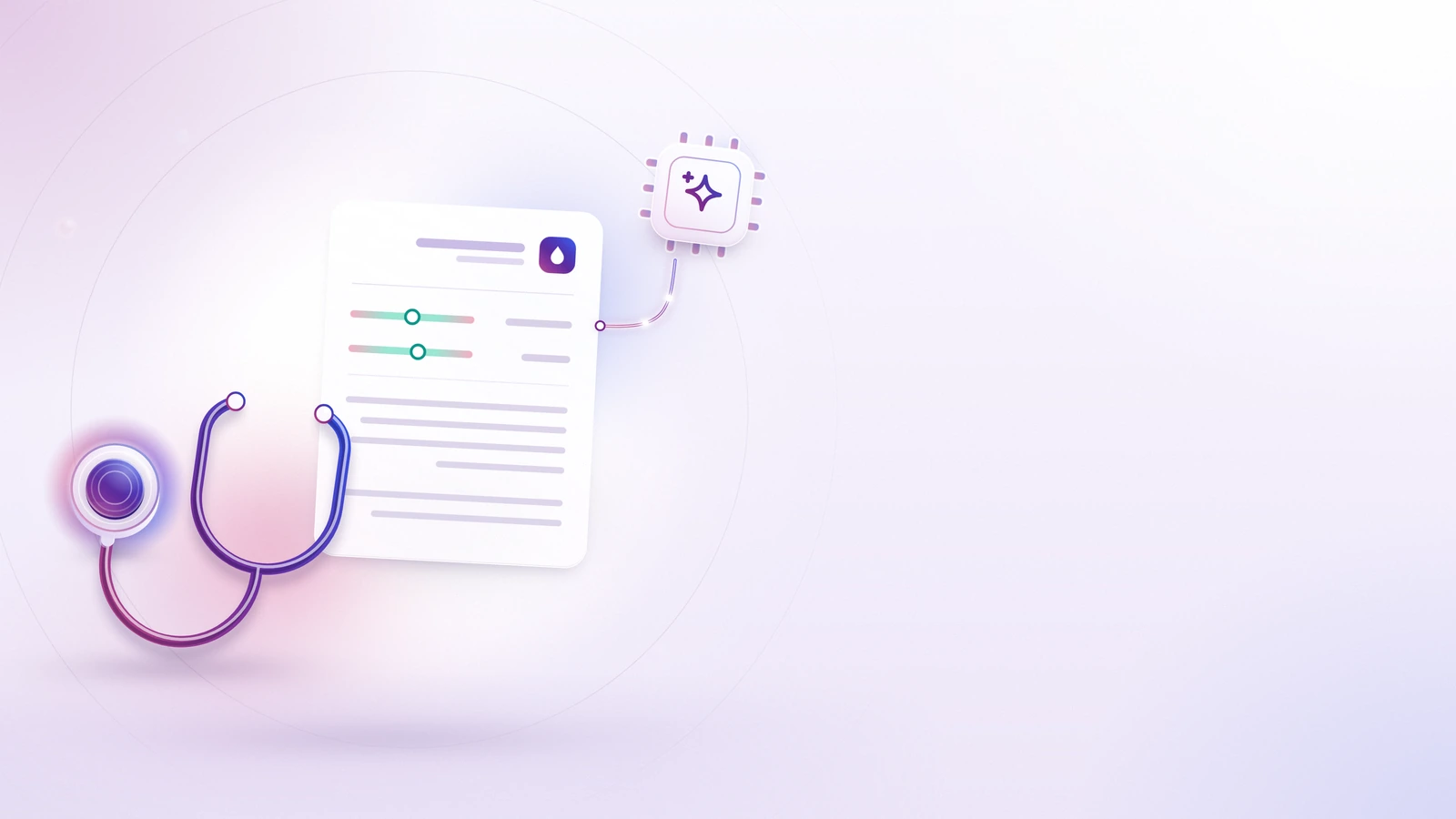 شريحة ذكاء اصطناعي صغيرة عليها بريق، متصلة ببطاقة تقرير واضحة، وبجانب البطاقة سماعة طبية
