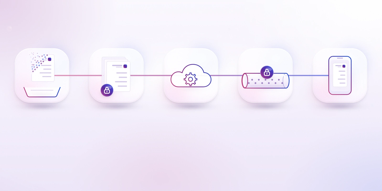 خمسة ديال المحطات مربوطين بخط: تيليفون فيه وثيقة، وأنبوب مقفول، وعجلة مسنّنة وسط سحابة، وكومة ديال الوثائق مقفولة، ووثيقة كتذوب وكتولّي نقط