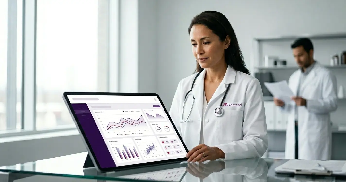 AI lab interpretation clinical workflow in 2026 with physician reviewing AI-assisted blood test analysis