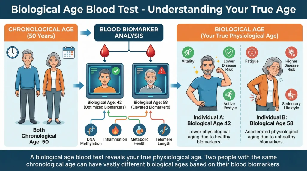 Infographic comparing chronological age with biological age, showing two people of the same age with different biological ages based on their blood biomarkers