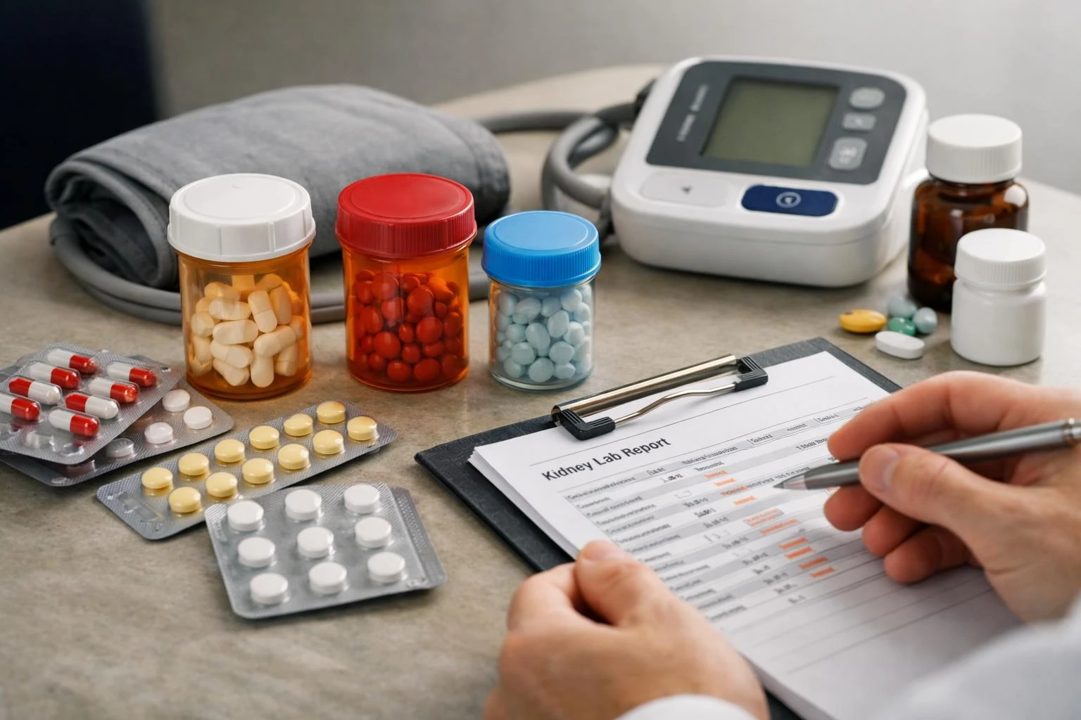 किडनी लैब रिपोर्ट के बगल में प्रिस्क्रिप्शन की बोतलें, जिनमें उन दवाओं को हाइलाइट किया गया है जो eGFR को प्रभावित करती हैं