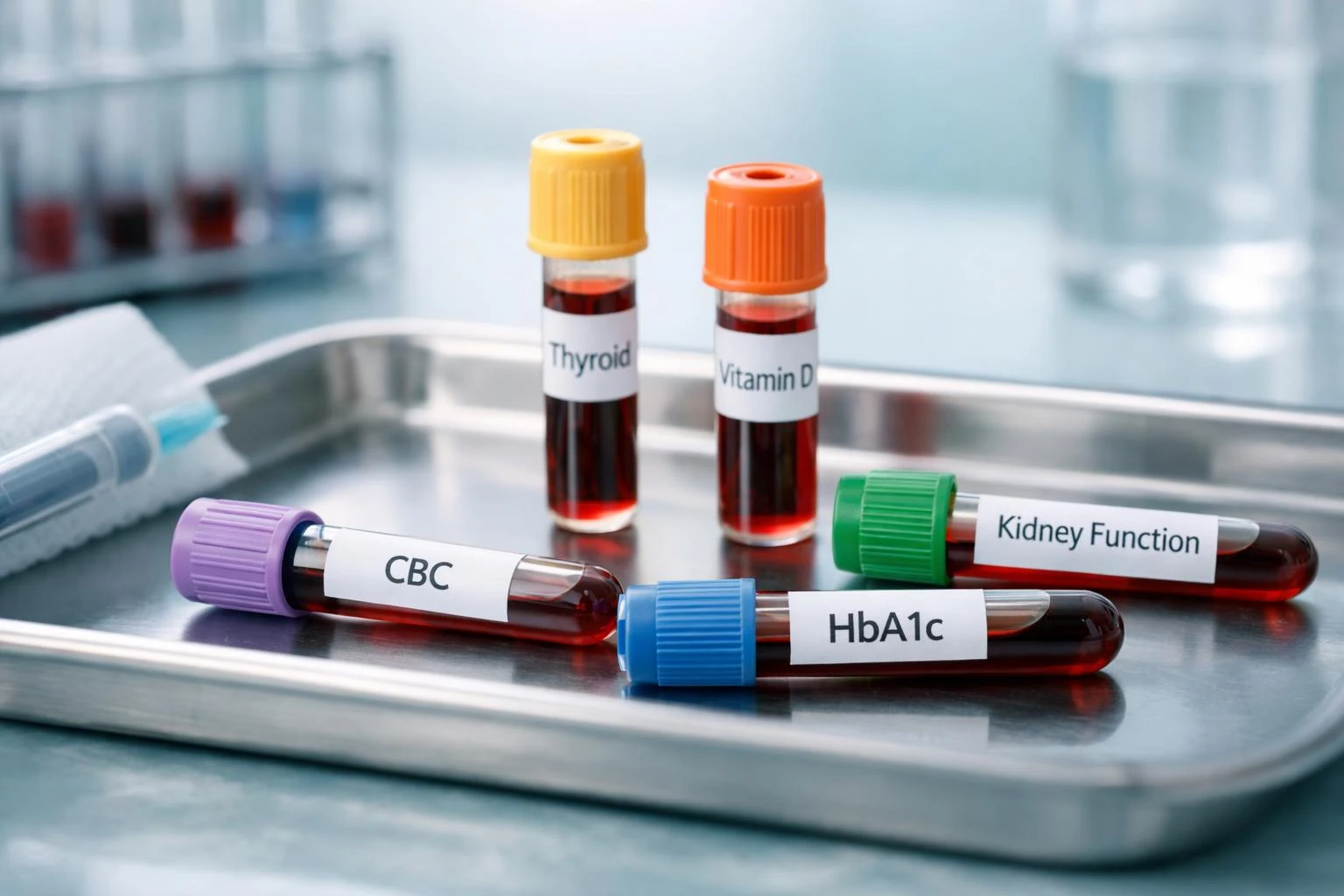 CBC، HbA1c، TSH، وٽامن ڊي ۽ گردن جي جاچ لاءِ معمولي رت جا ٽيوب، جيڪي عام طور تي روزو گهرجن نه ٿا