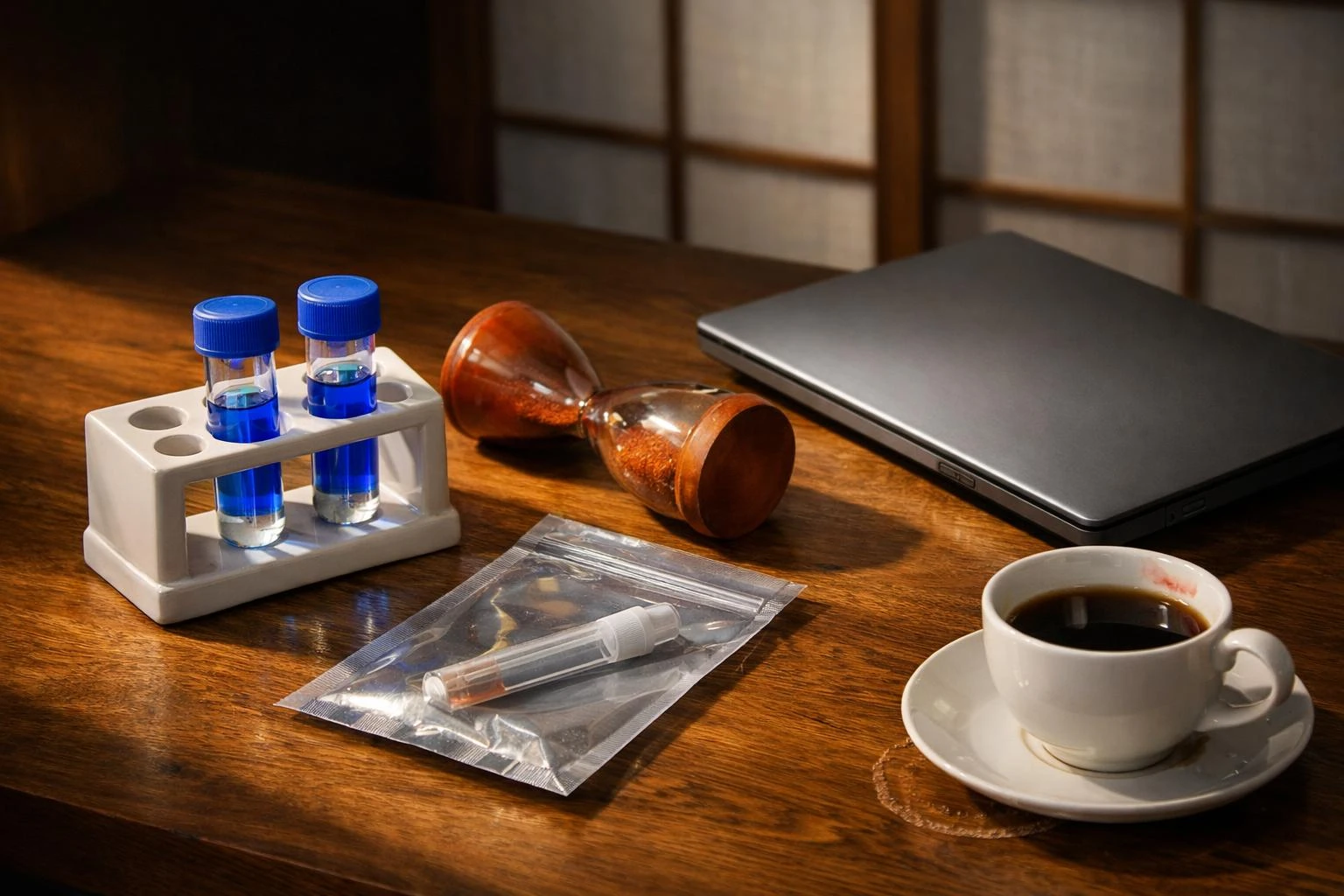 Nümunə şüşələri və laboratoriya işinin bitməsindən sonra portal gecikməsini təmsil edən qum saatı (still life)
