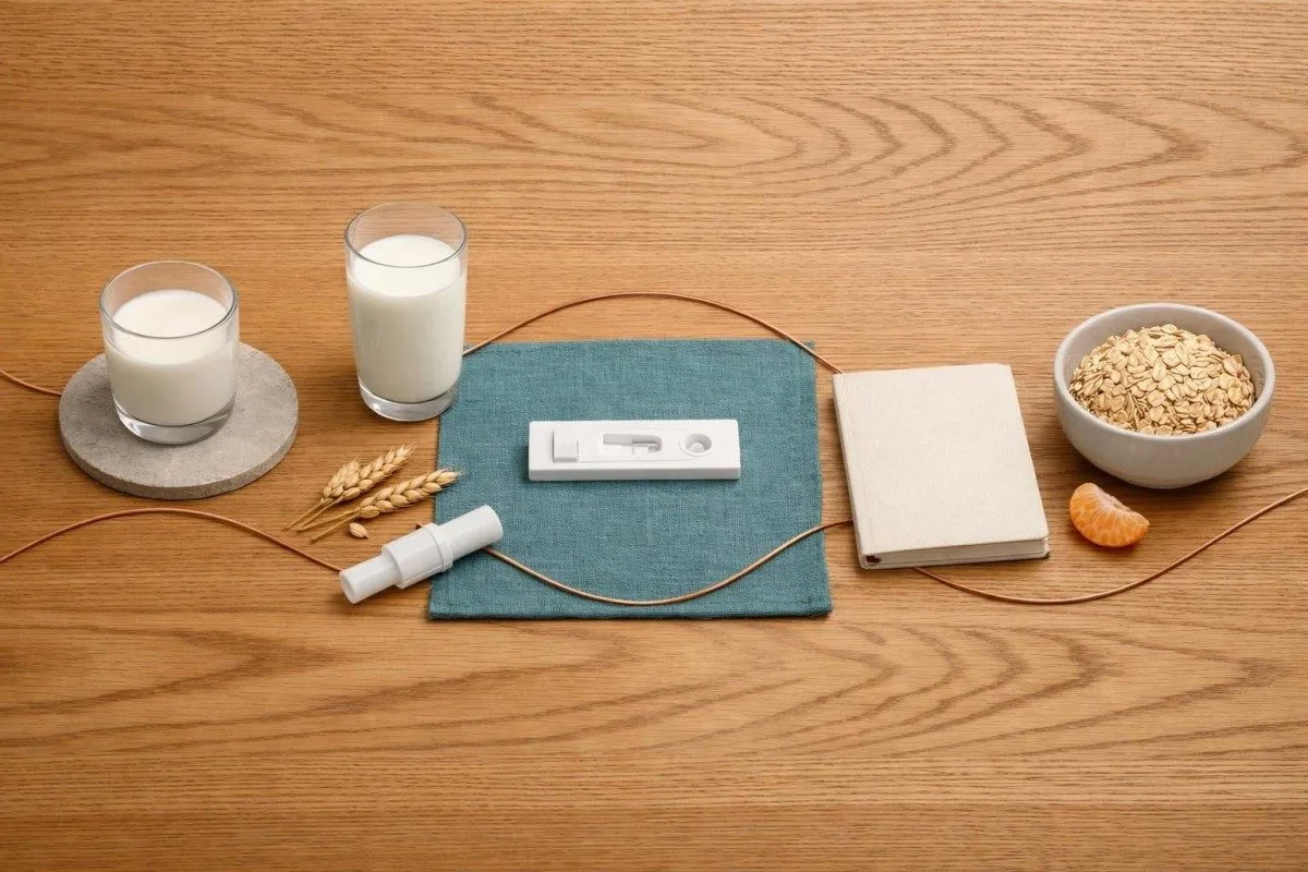 „Flat lay“ porovnávající potraviny a ne-IgE testy používané tehdy, když alergický krevní test nestačí