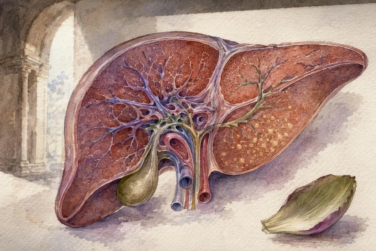 Enzim bağlamı için safra ağacı ve ince yağ damlacığı deseni bulunan sulu boya karaciğer anatomisi