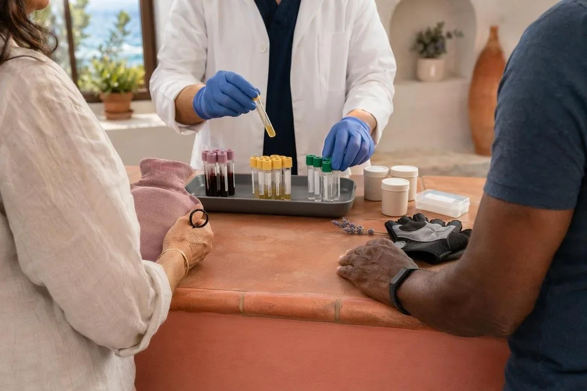 Erkekler ve kadınlar için farklı orta yaş laboratuvar önceliklerini gösteren klinik danışmanlık sahnesi