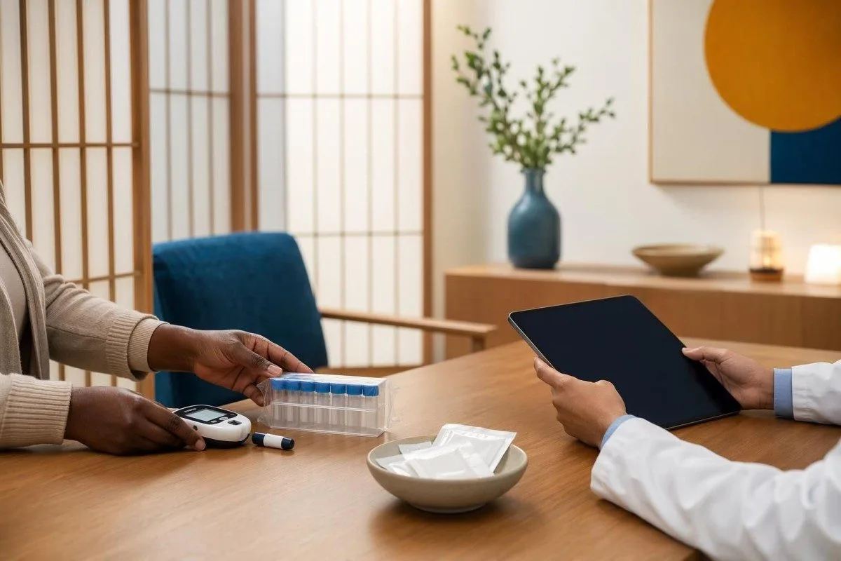 Adegan perjalanan pesakit dengan bekalan diabetes dan semakan makmal pra-op di bilik klinik