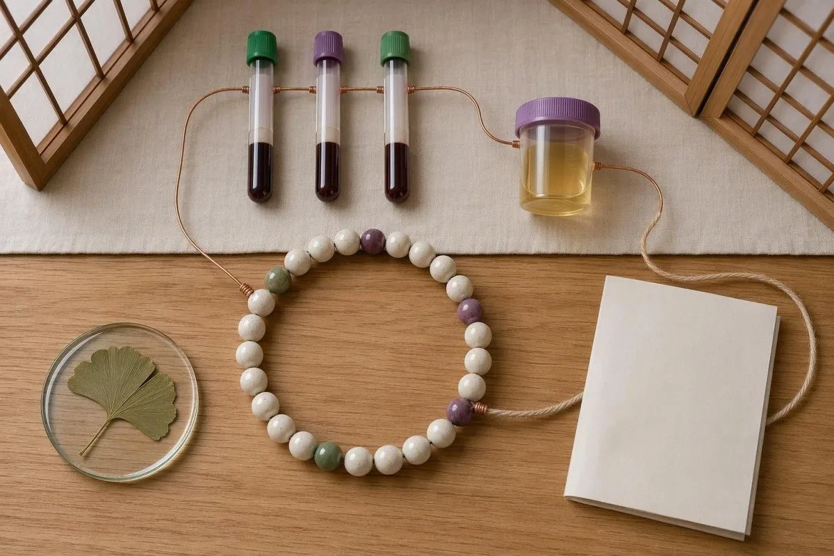 Østradiol-hormonmolekyler visualiseret nær en laboratorieprøve til perimenopausetest