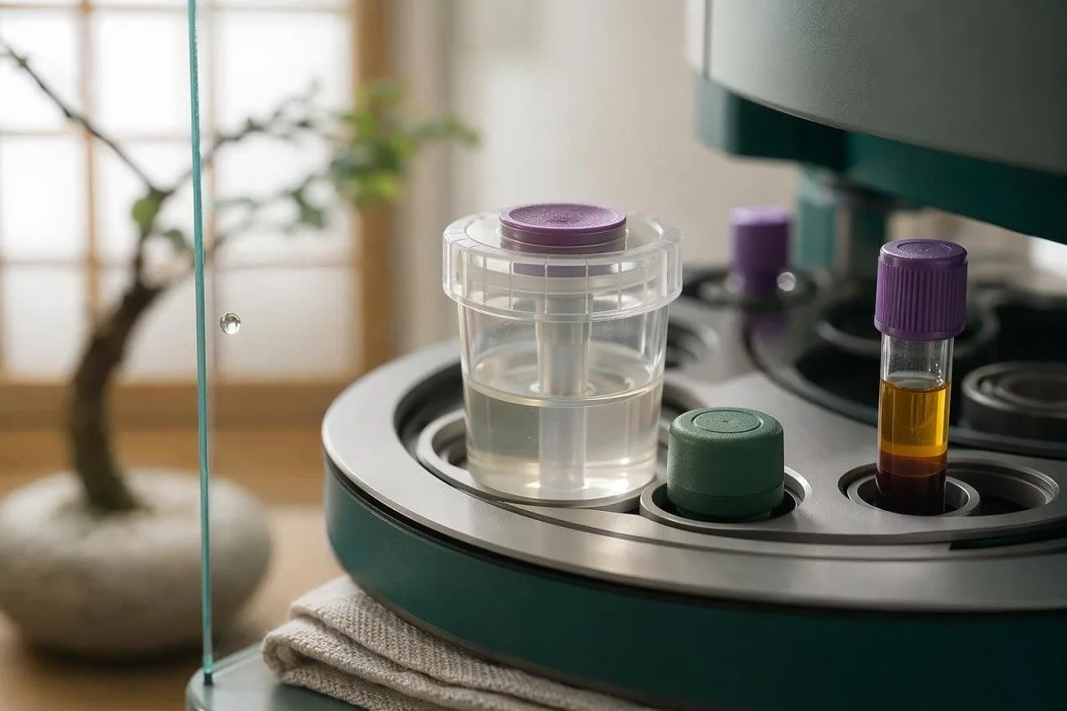 Blodprøve for perimenopause vist som hormonmolekyler over et klinisk laboratoriepanel