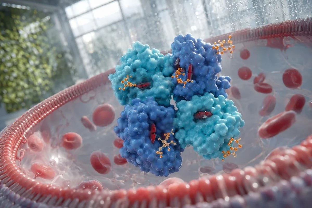 Sección transversal de glóbulo rojo que ilustra el rango normal de HbA1c y la unión de la glucosa a la hemoglobina