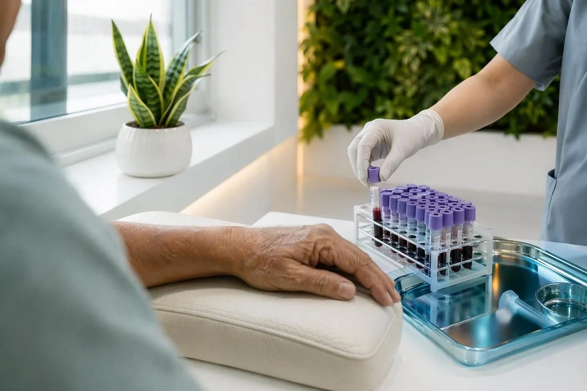 El clínico revisa el rango normal de HbA1c con pistas de síntomas y un plan de seguimiento con glucosa en ayunas