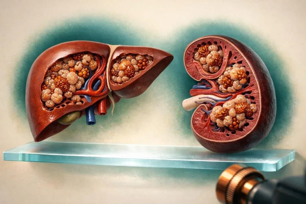 پڕۆتئینی هەڵگرتنی <b>Ferritin</b> لە کنار سێڵی کبد کە ڕوون دەکات بۆچی ئەنجامی فێڕیتین بەرز چەند مانای هەیە