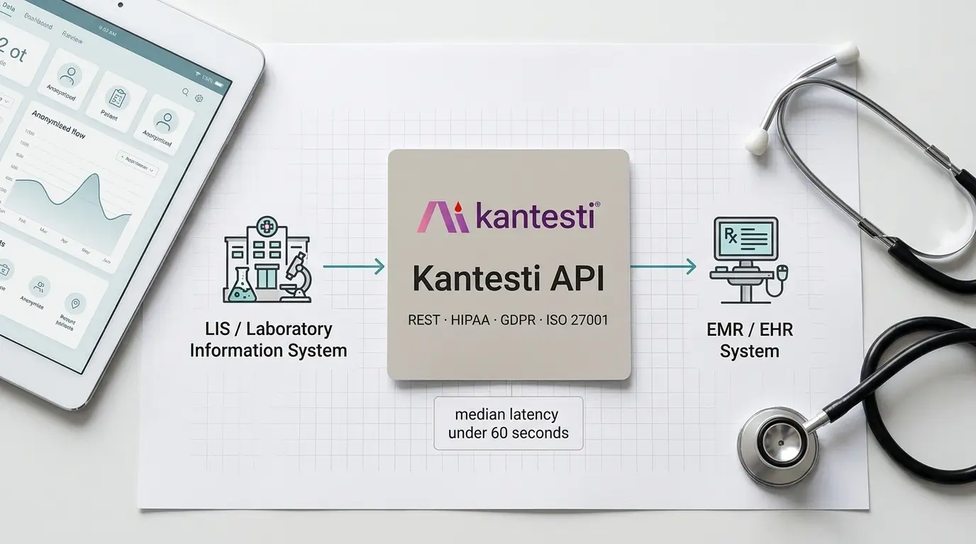 Kantesti AI qan analizi analizatorunun API-sinin xəstəxananın EMR-i və laboratoriya informasiya sistemləri ilə inteqrasiyasını göstərən diaqram