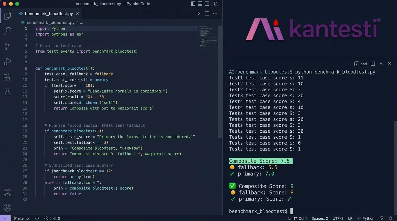 Terminal-skermskoot van die MIT-gelisensieerde Kantesti-maatstaf-omvattingsraamwerk wat loop en per-geval tellings uitreik — dieselfde omvattingsraamwerk, nou SQL-gedrewe, het die 99.80% saamgestelde telling op die V11 Tweede Opdatering 100,000-gevalle-lopie opgelewer