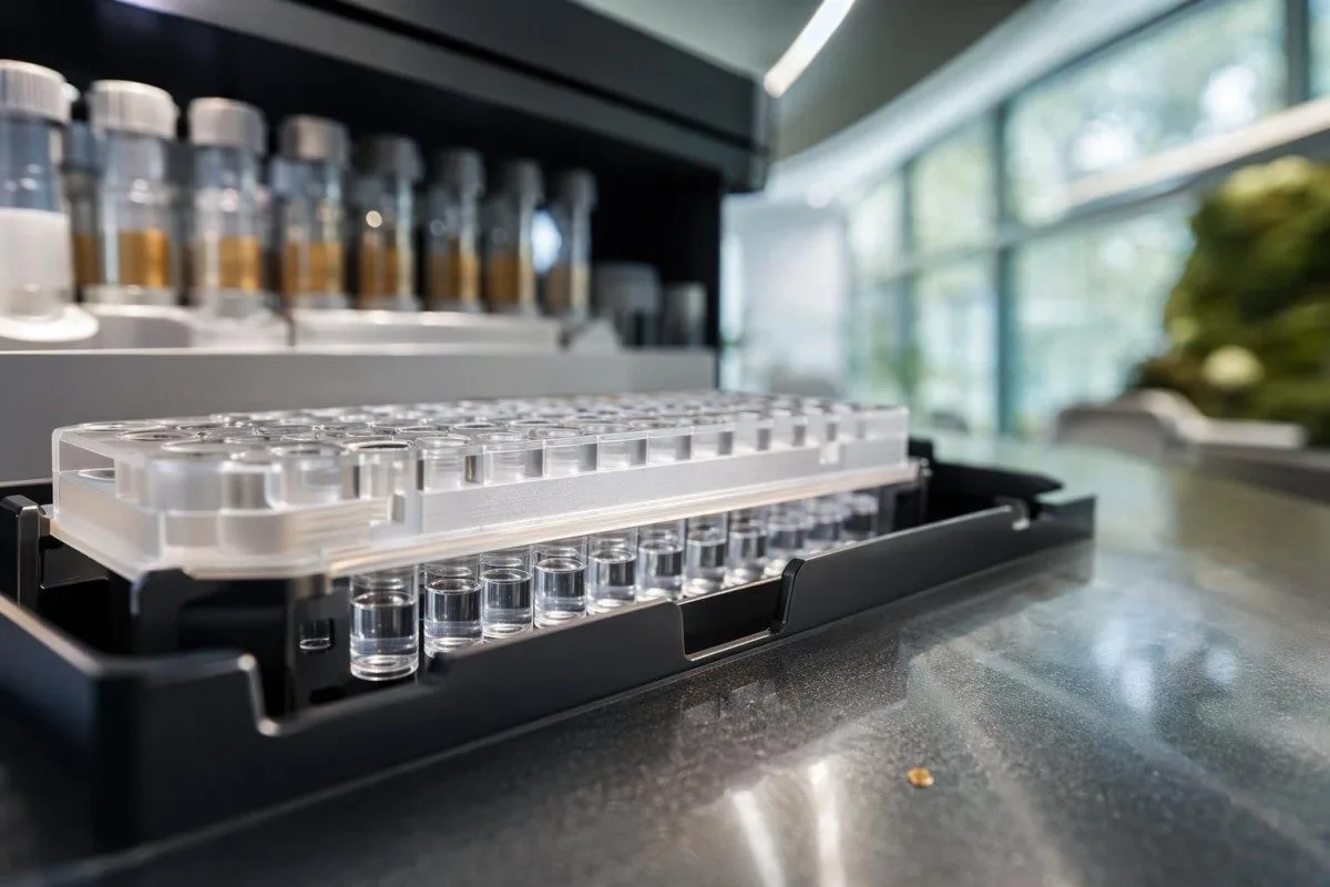 PCOS-bloedtoets opvolg-toneel met klinikus se hande wat hormoon- en glukoseresultate hersien