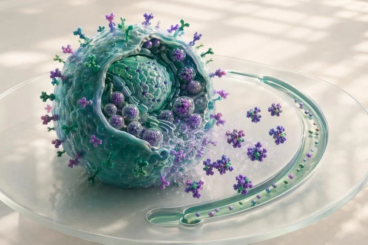 Molekul tryptase yang dilepaskan oleh sel mast ke dalam bendalir sekeliling secara tiga dimensi
