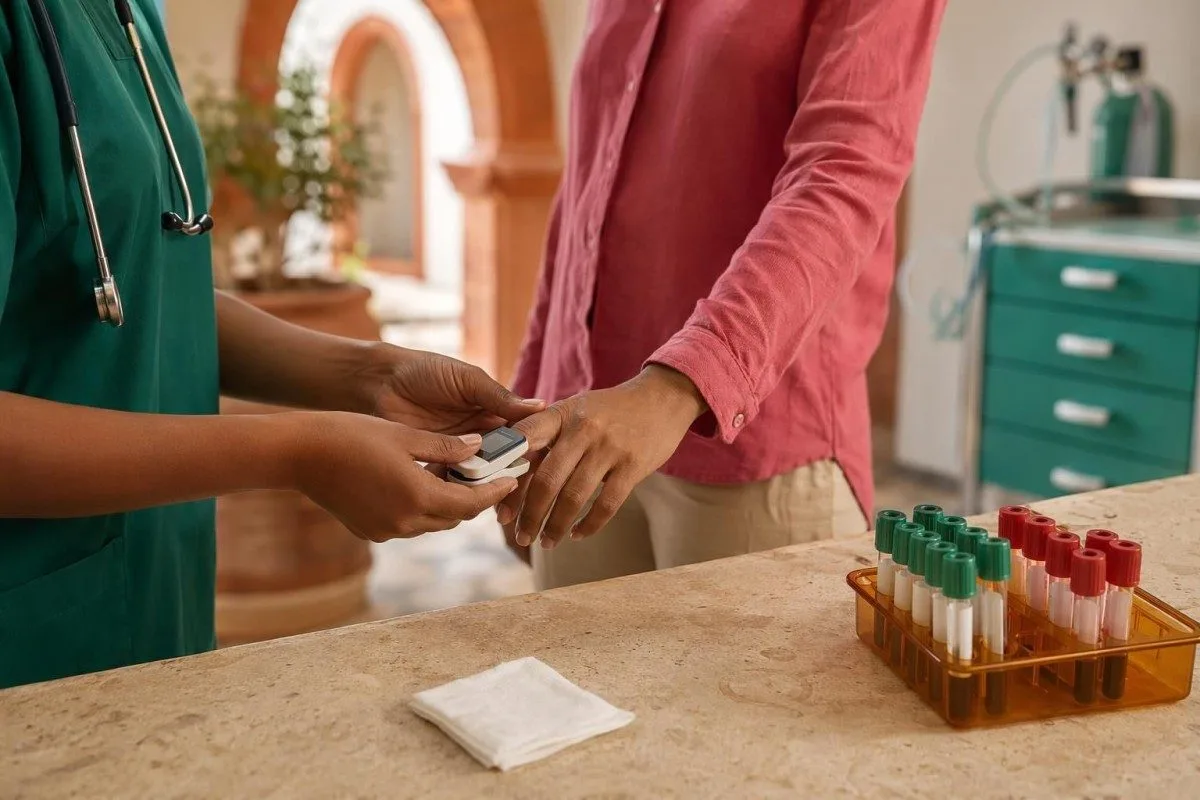 Klinikus kezek ellenőrzik az oxigénszaturációt, és egy szérummintát tekintenek át sürgős felmérés közben