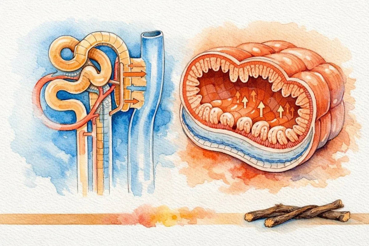 Anatomisk illustration av njurtubuli och tjocktarm som vanliga vägar för kaliumförlust