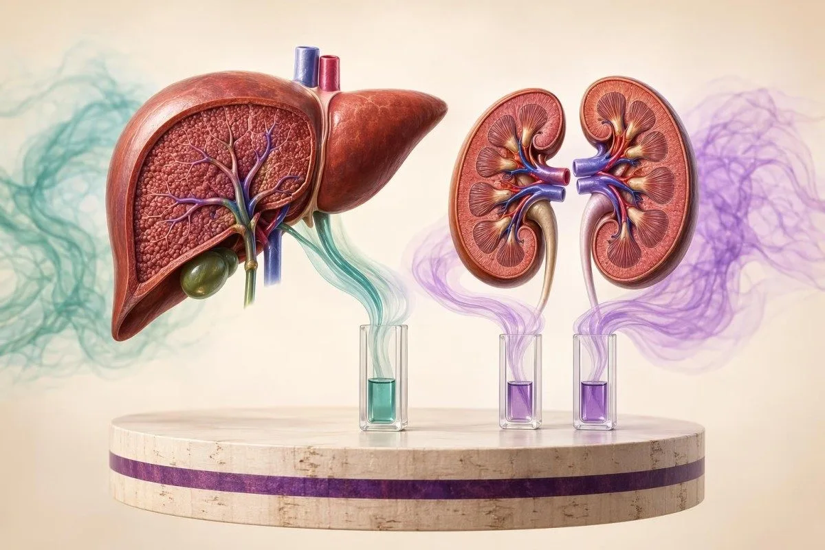 Paneles de laboratorio de ril, fígado e hemograma completo mostrados xunto con probas de seguridade de anticoagulantes