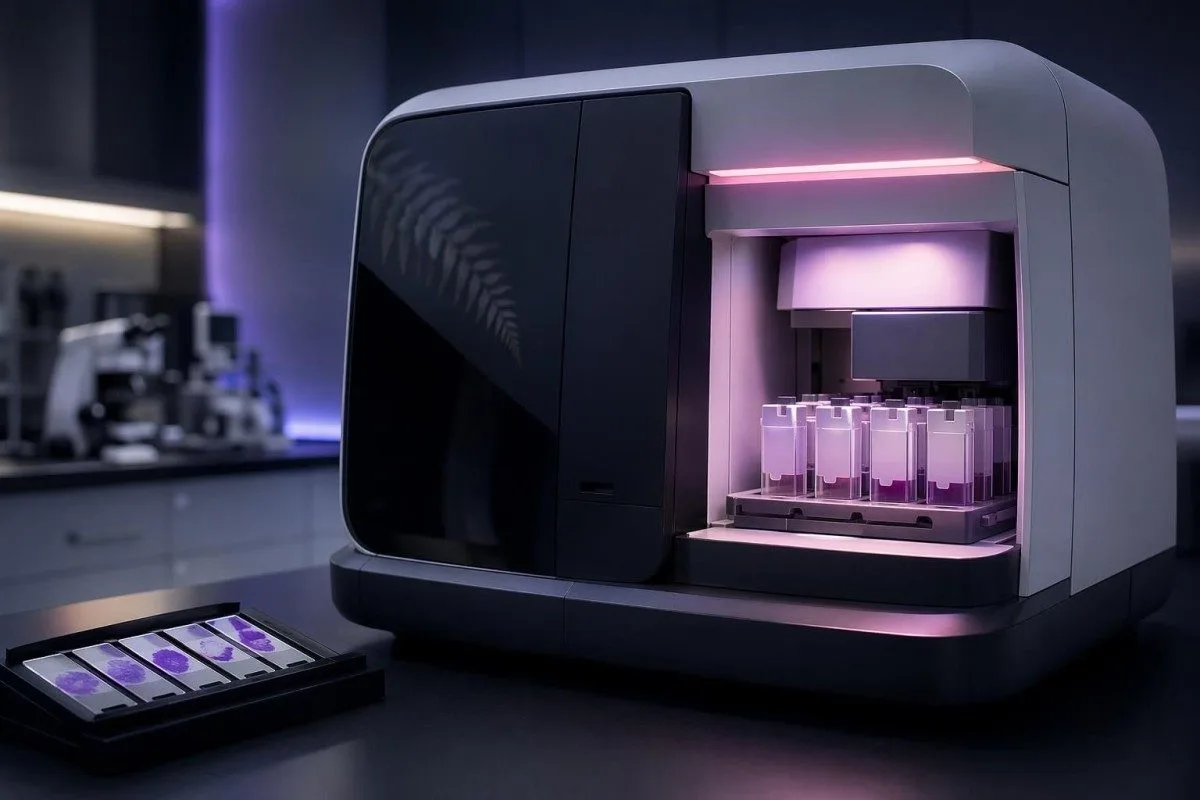 Automatinis hematologinis analizatorius, apdorojantis CBC tyrimą dėl galvos skausmų klinikinėje laboratorijoje